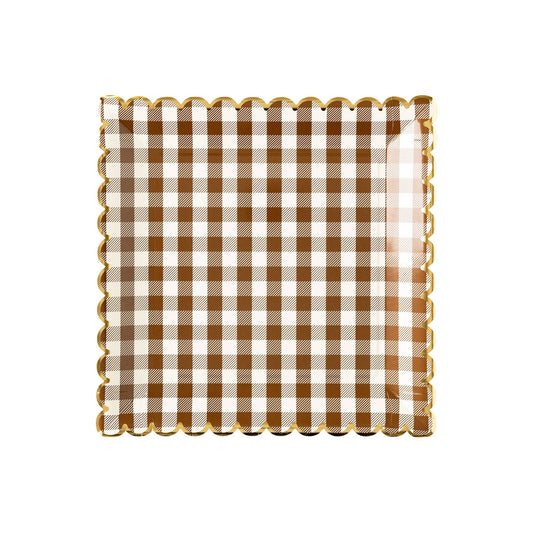 Brown Gingham Scalloped Plate, Thanksgiving Dinner Plate