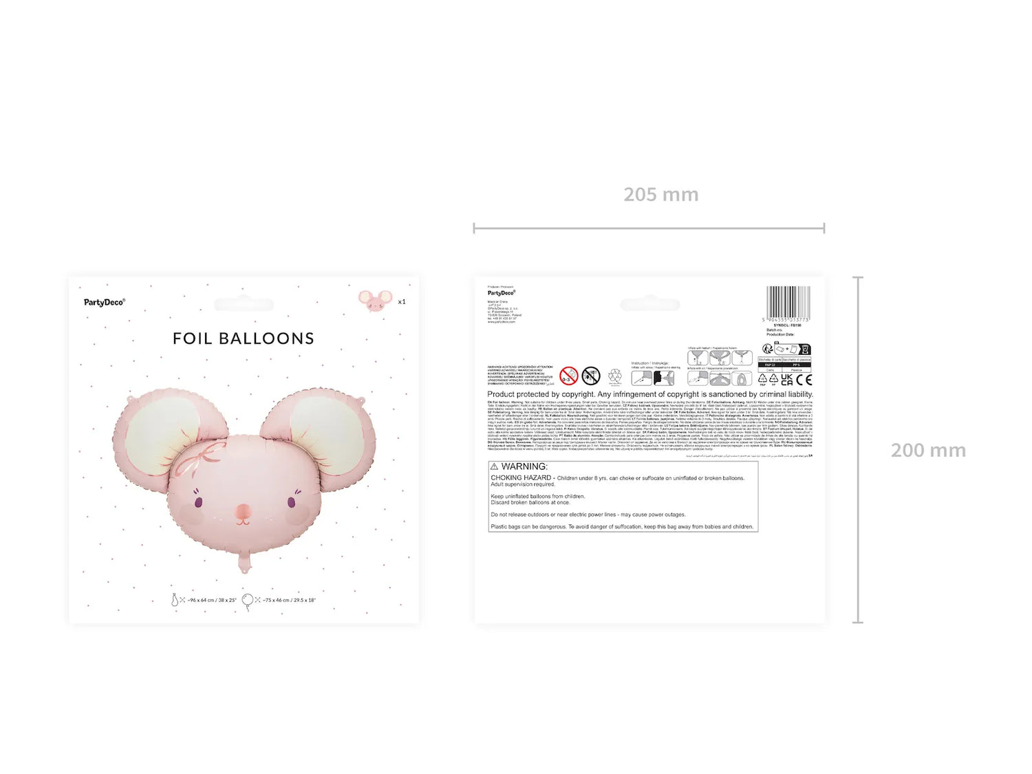 PartyDeco - Foil Balloon - Mouse, 96x64 cm, Light Pink