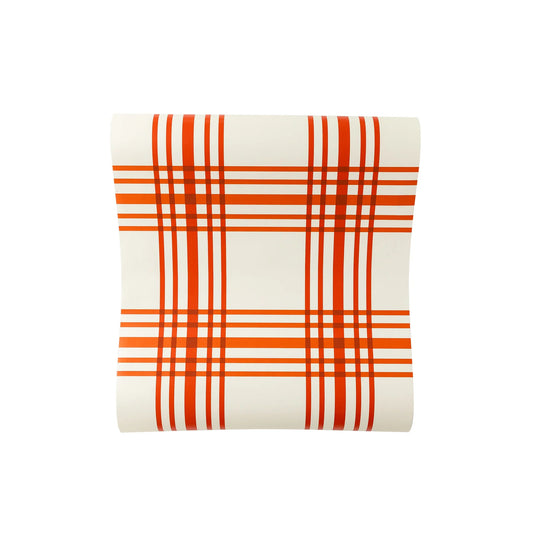 Thanksgiving Orange Plaid Table Runner, Dark Orange 16"  x 120" Paper Table Runner for a Fall or Thanksgiving Dinner