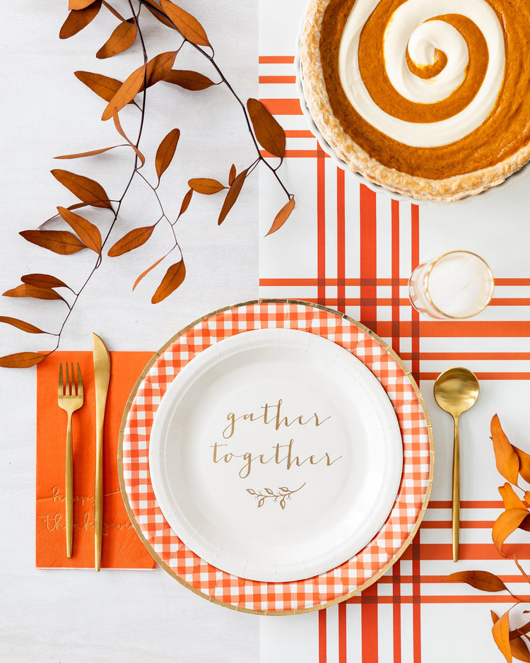 Thanksgiving Orange Plaid Table Runner, Dark Orange 16"  x 120" Paper Table Runner for a Fall or Thanksgiving Dinner
