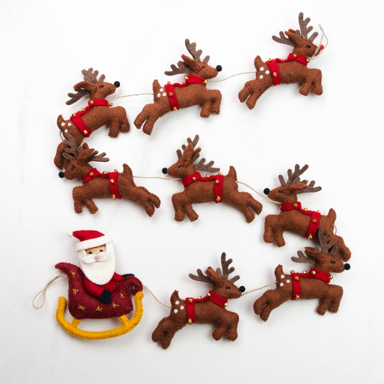 Santa with Sleigh and 8 Reindeer Felt Garland, Adorable 54"  Christmas Garland From the Winding Road