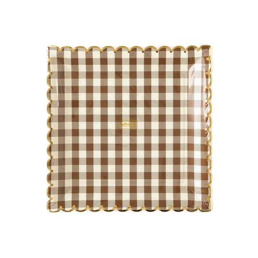 Brown Gingham Scalloped Plate, Thanksgiving Dinner Plate