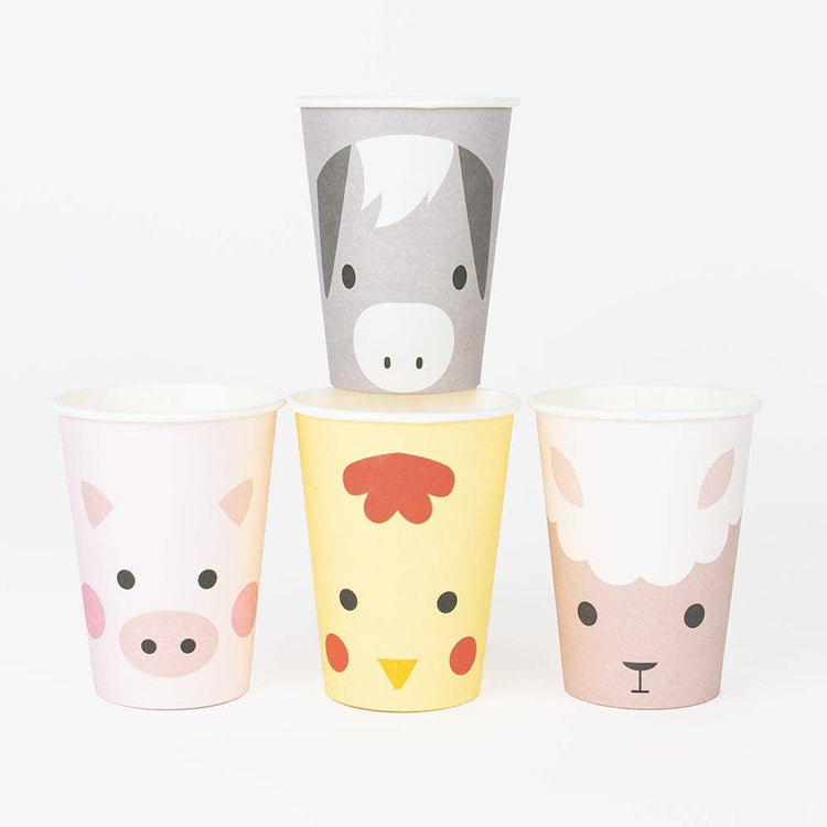 Farm Party Cups, Set of 8 Paper Cups with 4 Farm Animal Designs, From My Little Day