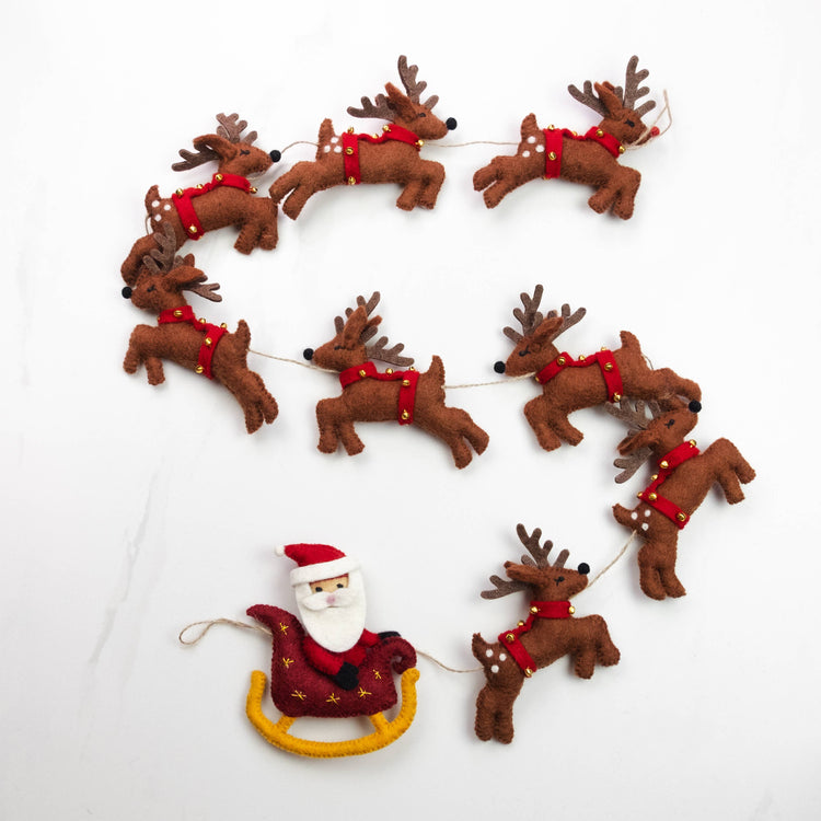 Santa with Sleigh and 8 Reindeer Felt Garland, Adorable 54"  Christmas Garland From the Winding Road