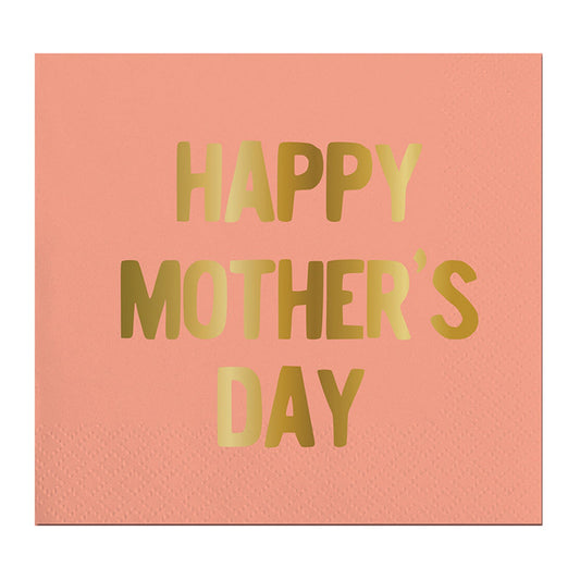 Happy Mother's Day Napkins, Set of 16 Small Coral and Gold Foil Mother's Day Napkins - Cohasset Party Supply