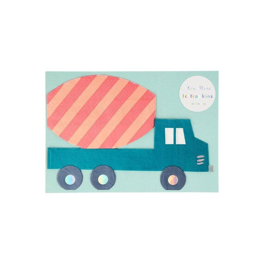 Construction Truck Party Napkins, Set of 16 Meri Meri Cement Mixer Party Napkins, Great for a construction truck themed birthday party - Cohasset Party Supply