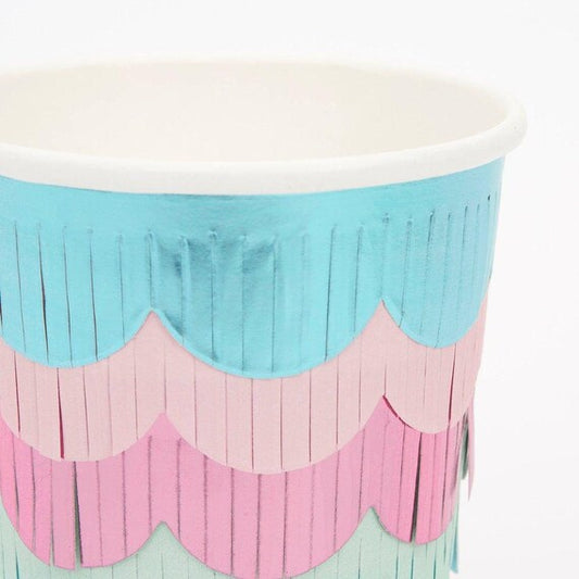 Mermaid Scalloped Fringe Party Cups, Set of 8 Paper Cups with Foiled Fringe Sleeve by Meri Meri, Perfect for a Mermaid Party - Cohasset Party Supply