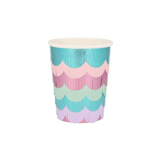 Mermaid Scalloped Fringe Party Cups, Set of 8 Paper Cups with Foiled Fringe Sleeve by Meri Meri, Perfect for a Mermaid Party - Cohasset Party Supply