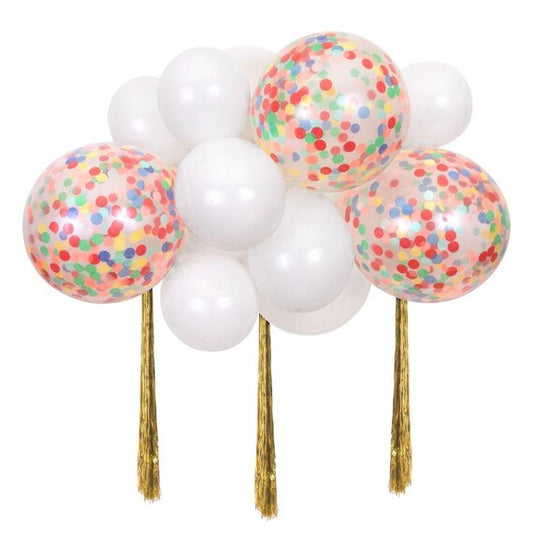 Rainbow Balloon Cloud Kit, 3 Foot Balloon Kit contains 4 Confetti-Filled Balloons, 10 White Balloons, and 3 Gold Tassels by Meri Meri - Cohasset Party Supply