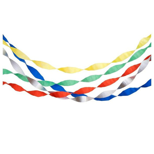 Birthday Crepe Paper Streamers, Set of 5 Rolls of Red, Yellow, Silver, Green and Blue streamers, Great for a Rainbow Themed Birthday! - Cohasset Party Supply