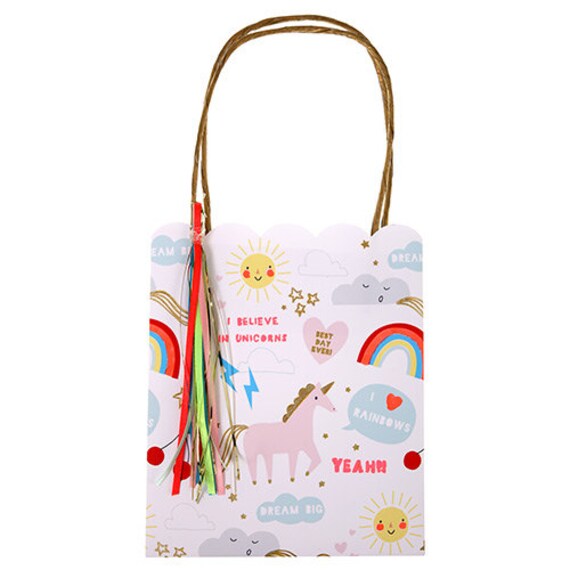 Unicorn and Rainbow Party Bags with Handles, Set of 8 Meri Meri Unicorn & Rainbow Paper Party Bags, Great for Favor Bags and Treat Bags - Cohasset Party Supply