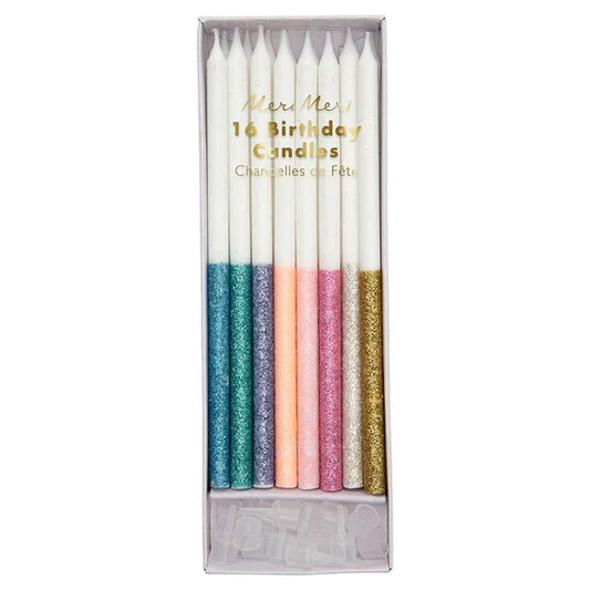 Multicolor Glitter Dipped Candles, Set of 16 Large White Birthday Candles Dipped in Sparkling Glitter - Cohasset Party Supply