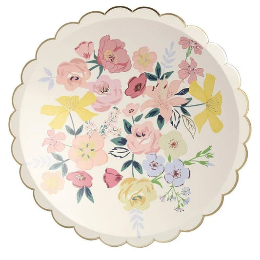 English Garden Dinner Plates, Set of 8 Large Floral Paper Plates in 4 Different Patterns with Gold Foil Scallop Edging by Meri Meri - Cohasset Party Supply