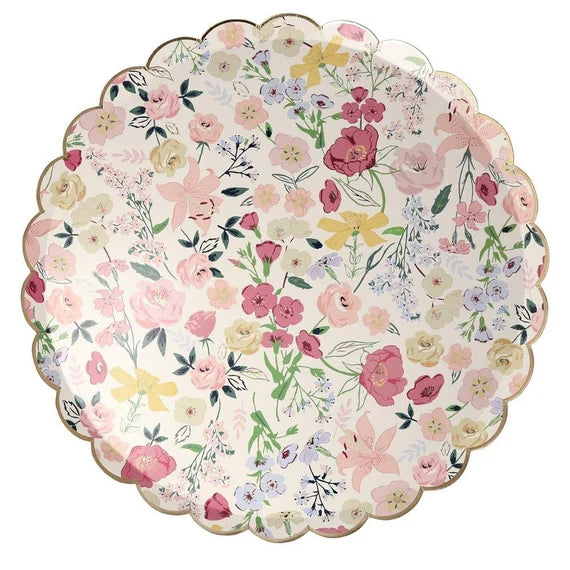 English Garden Dinner Plates, Set of 8 Large Floral Paper Plates in 4 Different Patterns with Gold Foil Scallop Edging by Meri Meri - Cohasset Party Supply