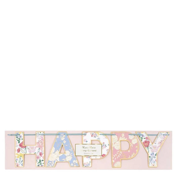 English Garden Happy Birthday Garland, Large Floral Birthday Pennant by Meri Meri, 6 Feet Long - Cohasset Party Supply