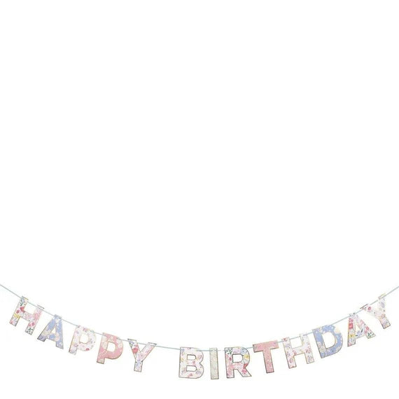 English Garden Happy Birthday Garland, Large Floral Birthday Pennant by Meri Meri, 6 Feet Long - Cohasset Party Supply