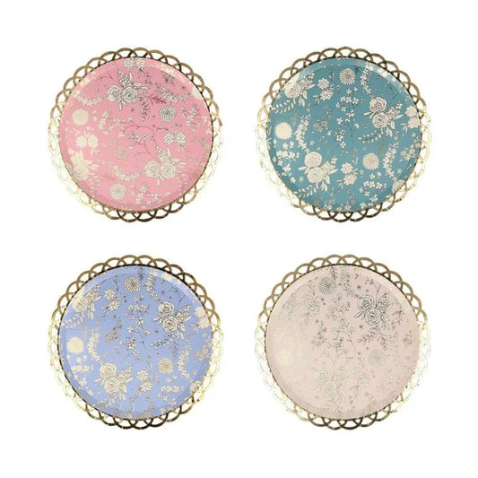 English Garden Lace Side Plates, Set of 8 Small Floral Paper Plates in 4 Different Patterns with Gold Foil Details by Meri Meri - Cohasset Party Supply