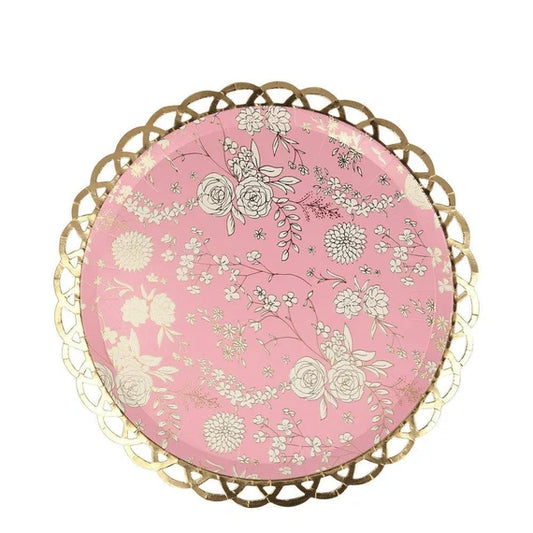 English Garden Lace Side Plates, Set of 8 Small Floral Paper Plates in 4 Different Patterns with Gold Foil Details by Meri Meri - Cohasset Party Supply