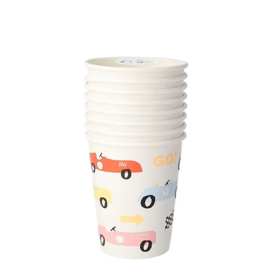 Race Car Party Cups, Set of 8 Race Car Paper Cups by Meri Meri, Great for a Car-Themed Birthday Party - Cohasset Party Supply