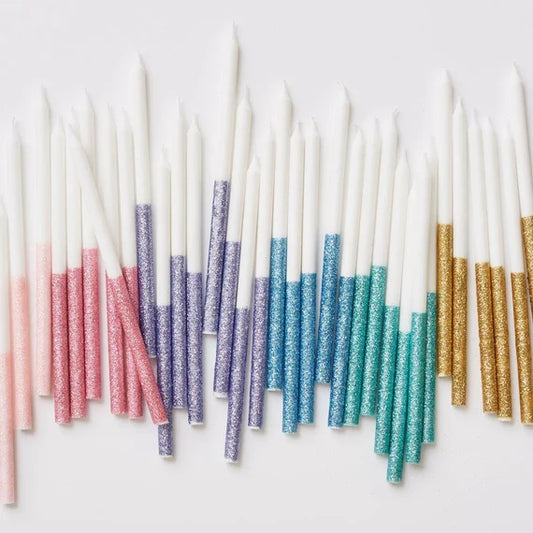 Multicolor Glitter Dipped Candles, Set of 16 Large White Birthday Candles Dipped in Sparkling Glitter - Cohasset Party Supply