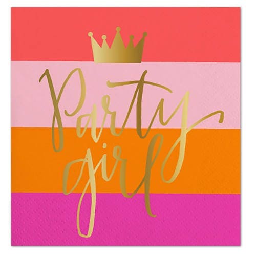 Party Girl Cocktail Napkins, Set of 20 Striped Beverage Napkins With Gold Foil Lettering & Crown,  Perfect for a Bachelorette Party!