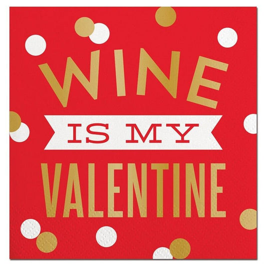 Wine is My Valentine, Red and Gold Foil Cocktail Napkins, Set of 20 Valentine's Day Beverage Napkins by Slant Collections