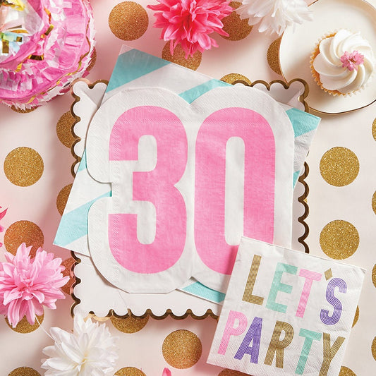 30th Birthday Napkins, Set of 16 Jumbo Shaped Pink Birthday Napkins, Perfect for a 30th Birthday Celebration!