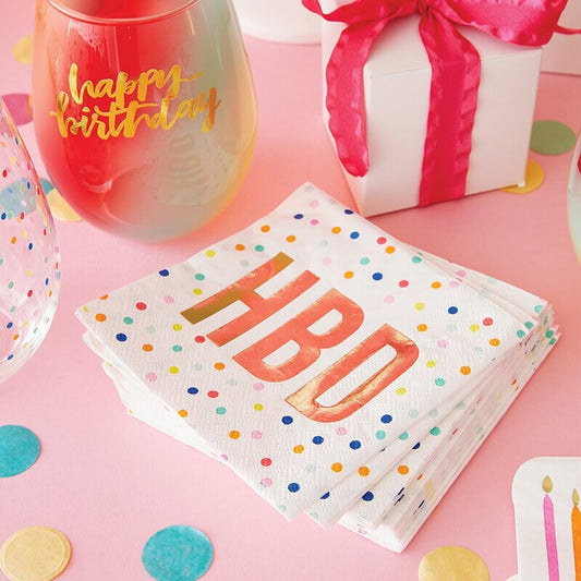 HBD Cocktail Napkins with Gold Foil, Set of 20 Polka Dot Happy Birthday Birthday Napkins