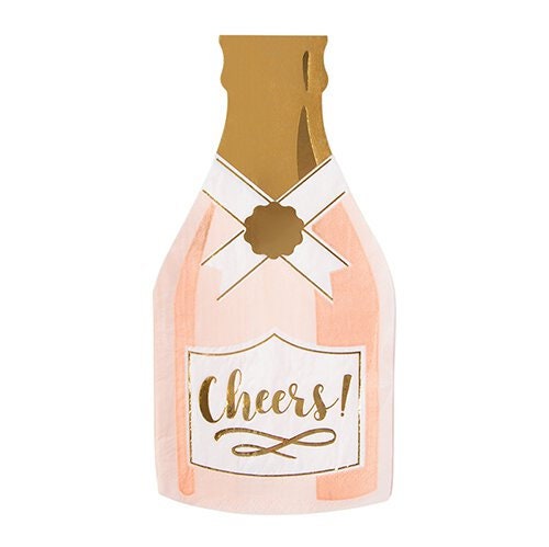 Champagne Bottle Napkins, Set of 20 Light Pink Die-Cut Champagne Bottle Napkins With Gold Foil Details, Perfect for any celebration!
