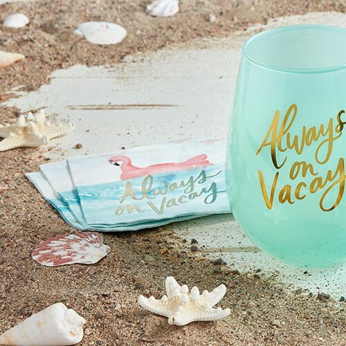 Always on Vacay Cocktail Napkins, Set of 20 Vacation-Themed Beverage Napkins With Gold Foil Lettering and a Flamingo Float