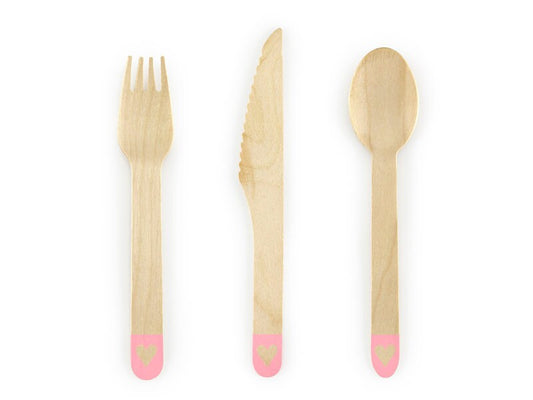 Pink Heart Wooden Cutlery, Set of 18 Wooden Cutlery Pieces Includes 6 Forks, 6 Spoons and 6 Knives