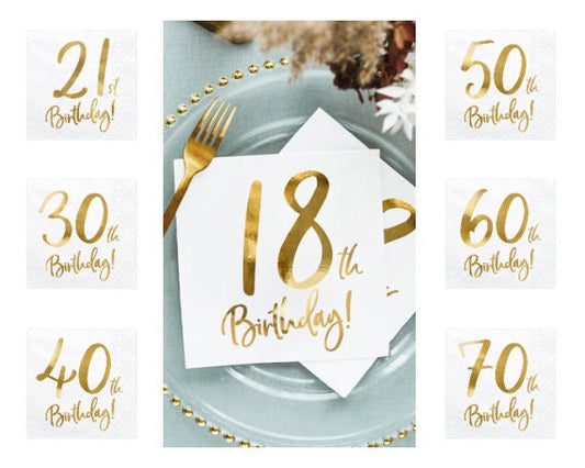 Gold Birthday Number Napkins, Set of 20 Birthday Napkins, Pick your Birthday Number: Available in 18, 21, 30, 40, 50, 60 and 70