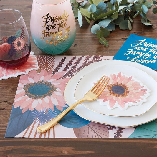 Flower Napkins, Set of 20 White Napkins with Pink & Blue Die-Cut Flower