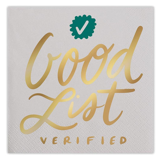 Funny Christmas Cocktail Napkins, Set of 20 Christmas Napkins with Gold Foil Lettering: "Good List Verified"