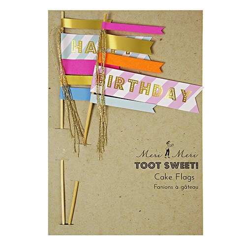 Happy Birthday Cake Flags, Set of 2 Meri Meri Birthday Cake Flags, Gold Foil Details and Gold Tassels