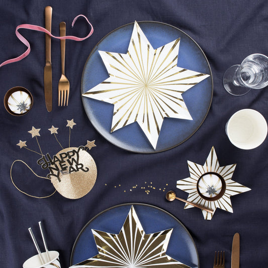 Gold Stripe Star Paper Napkins, Set of 16 Gold Foil Meri Meri Christmas or New Year's Eve Cocktail Napkins, 6.5" x6. 5"