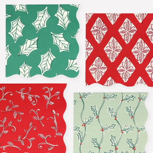 Block Print Christmas Large Paper Napkins, Set of 16 Meri Meri Christmas Dinner Napkins, 6.5" x 6.5"
