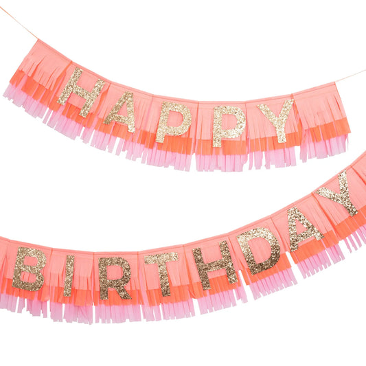 Pink Happy Birthday Fringe Garland, Add Some Fun To Your Next Birthday Party with this Large Pink Birthday Pennant from Meri Meri - Cohasset Party Supply