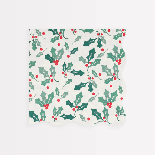 Holly Pattern Large Napkins, Set of 16 Christmas Dinner Napkins from Meri Meri, 6.5 x 6.5 inches
