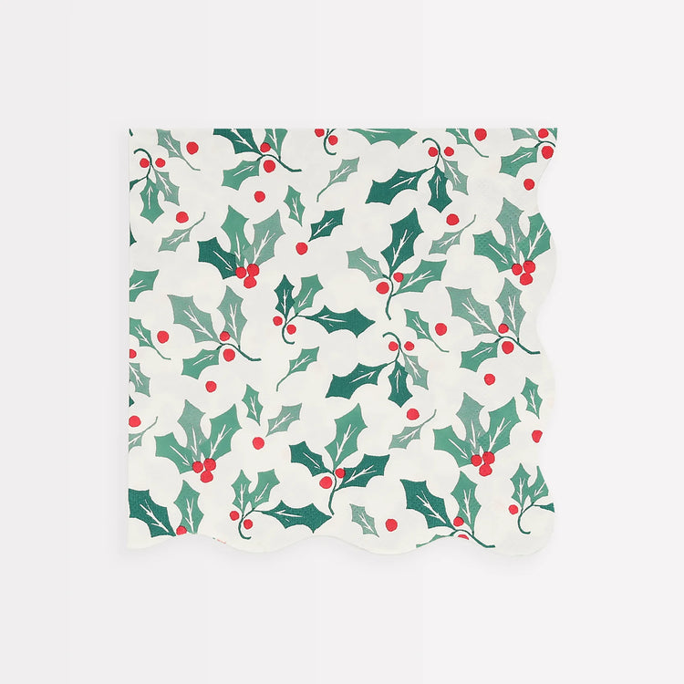 Holly Pattern Large Napkins, Set of 16 Christmas Dinner Napkins from Meri Meri, 6.5 x 6.5 inches