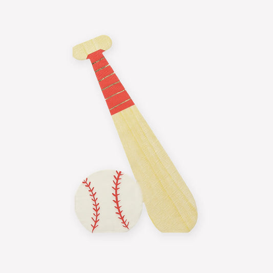 Baseball Napkins, Set of 16 Baseball Bat Napkins by Meri Meri, 7.75" Long - Cohasset Party Supply