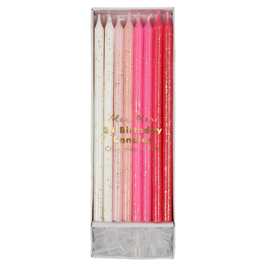 Tall Pink Glitter Candles, Set of 24 Large Birthday Candles in a Range of Beautiful Pink Shades - Cohasset Party Supply