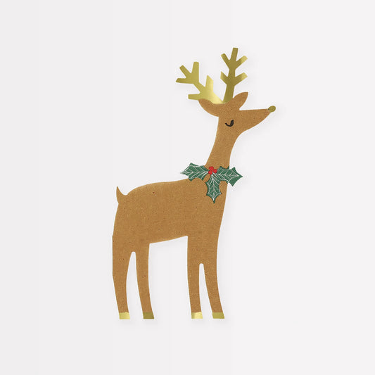 Reindeer Napkins, Set of 16 Meri Meri Die-Cut Kraft Reindeer with Holly Napkins, Gold Foil Antlers, 4.75" x 7.75"