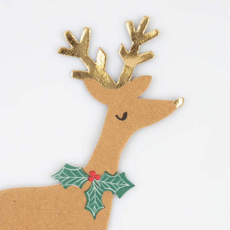 Reindeer Napkins, Set of 16 Meri Meri Die-Cut Kraft Reindeer with Holly Napkins, Gold Foil Antlers, 4.75" x 7.75"
