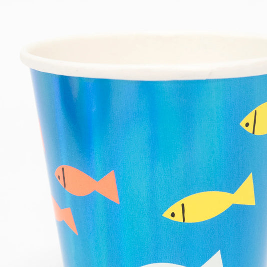 Fish Paper Cups, Set of 8 Under the Sea Paper Cups with Blue Holographic Detail, Great for an Ocean or Mermaid-Themed Party! - Cohasset Party Supply