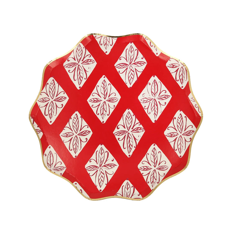 Block Print Christmas Small Paper Plates, Set of 8 Meri Meri Christmas Side Party Plates, 8.5" x 8.5"