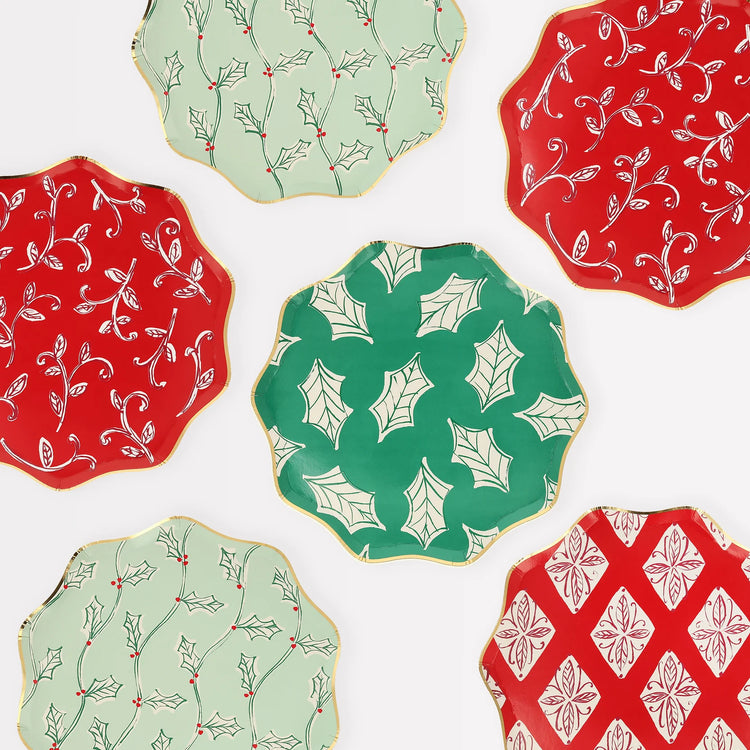 Block Print Christmas Small Paper Plates, Set of 8 Meri Meri Christmas Side Party Plates, 8.5" x 8.5"