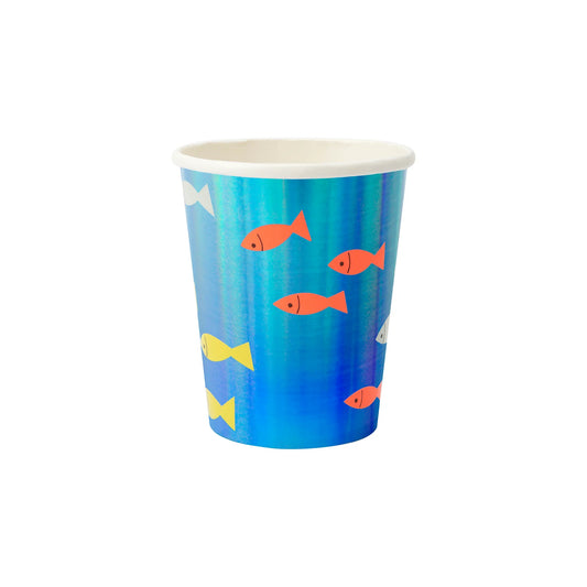 Fish Paper Cups, Set of 8 Under the Sea Paper Cups with Blue Holographic Detail, Great for an Ocean or Mermaid-Themed Party! - Cohasset Party Supply