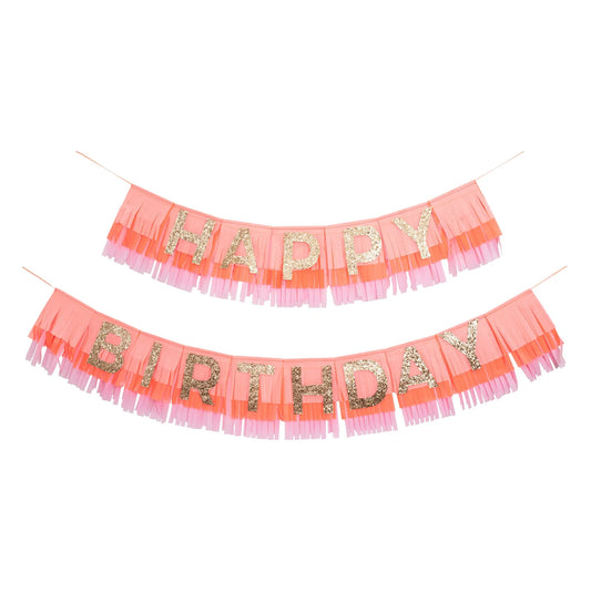 Pink Happy Birthday Fringe Garland, Add Some Fun To Your Next Birthday Party with this Large Pink Birthday Pennant from Meri Meri - Cohasset Party Supply