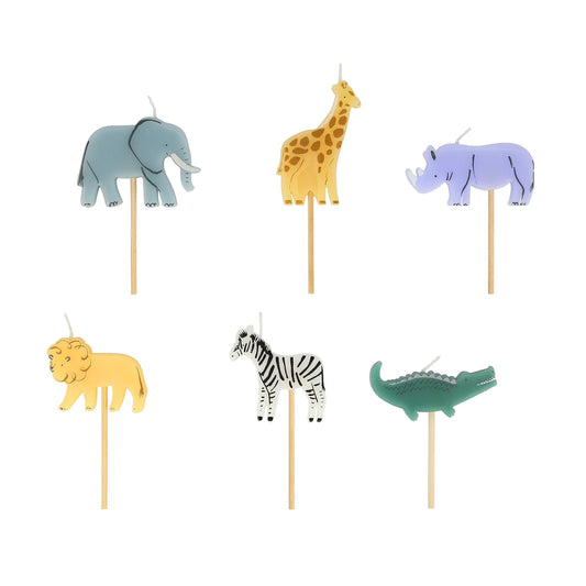 Safari Animal Birthday Candles, Set of 6 Meri Meri Jungle Animal Candles in 6 Designs: Elephant, Zebra, Giraffe, Rhino, Crocodile, and Lion - Cohasset Party Supply